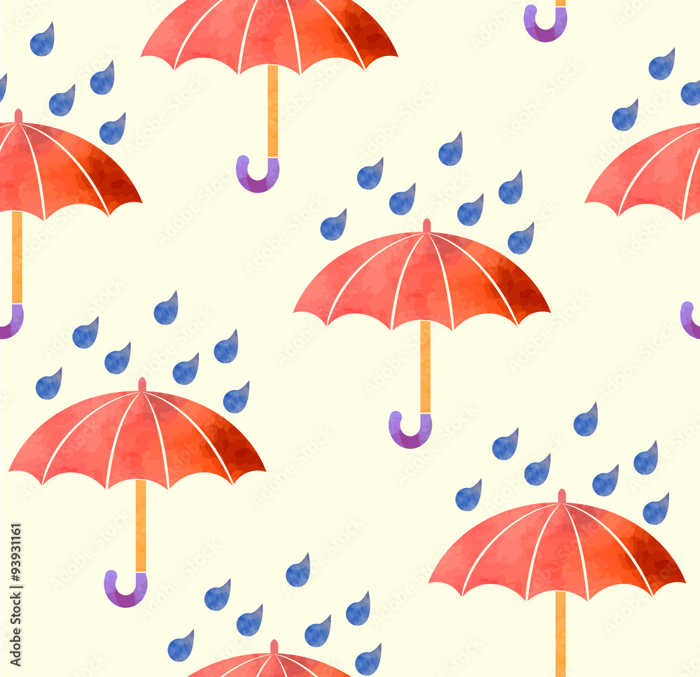Seamless background with red umbrellas watercolor. Vector illustration of Watercolor. 