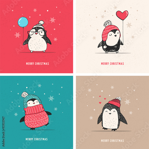 Cute hand drawn penguins set - Merry Christmas greetings