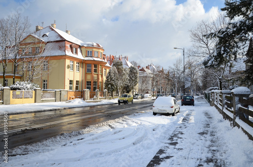 City street in winter Gliwice, Poland)