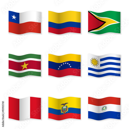 Waving flags of different countries. Flag icons on white background. Vector content. 3D waving position with shadow. Each flag is isolated on its own layer with the proper name. Set 11.