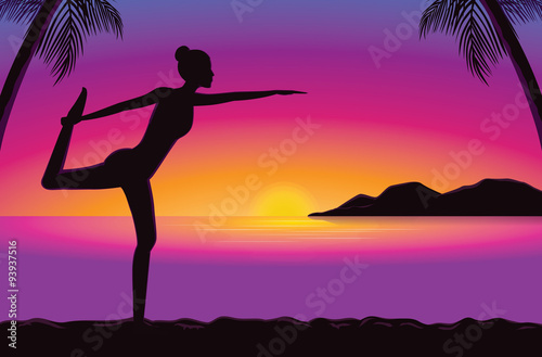 Silhouette of women exercise with yoga in seaside at the sunset time. This illustration meaning to peaceful feeling of yoga.