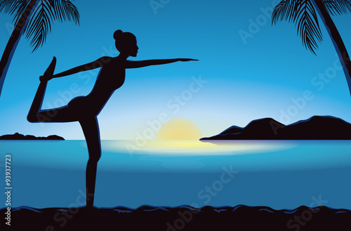 Silhouette of women exercise with yoga in seaside at the sunset time. This illustration meaning to peaceful feeling of yoga. This illustration design in blue theme.