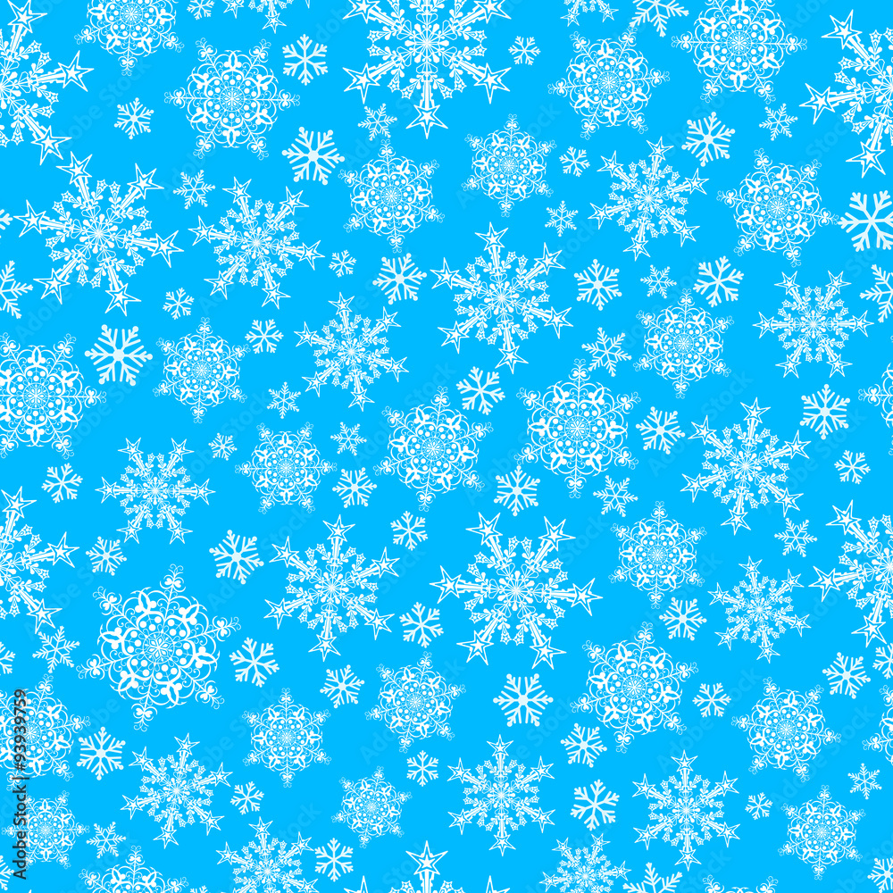 Seamless pattern of snowflakes, white on blue