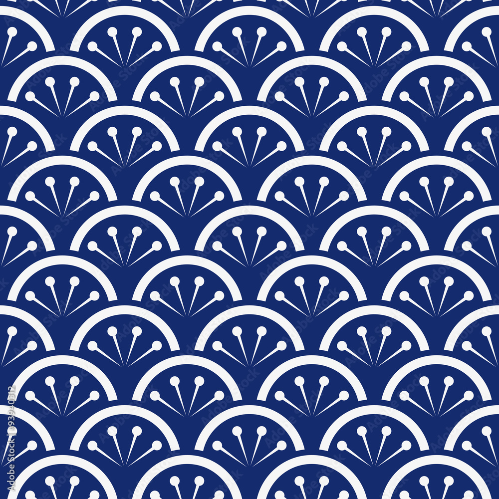Seamless porcelain indigo blue and white japanese floral waves pattern vector Seamless porcelain indigo blue and white japanese floral waves pattern vector