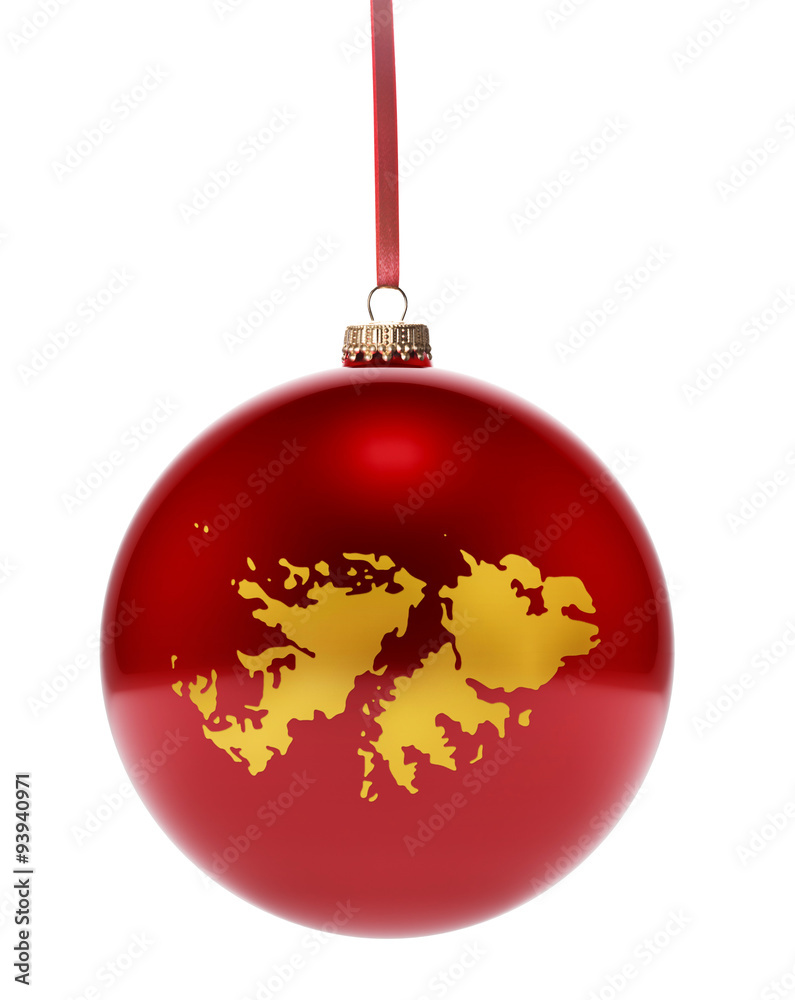 Red bauble with the golden shape of Falkland Islands.(series) Red bauble with the golden shape of Falkland Islands.(series)