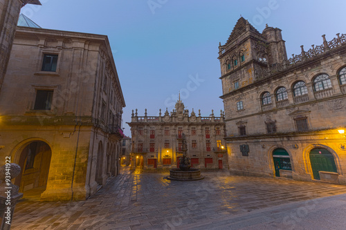 The Praza das Praterias in blue hour, the south entrance of the Cathedral de Santiago de Compostela photo