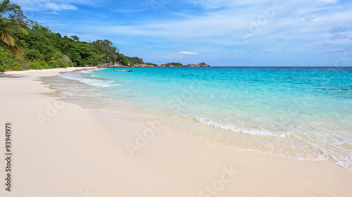 Beautiful landscape of blue sky sea sand and white waves on the beach during summer at Koh Miang island in Mu Ko Similan National Park  Phang Nga province  Thailand  16 9 widescreen