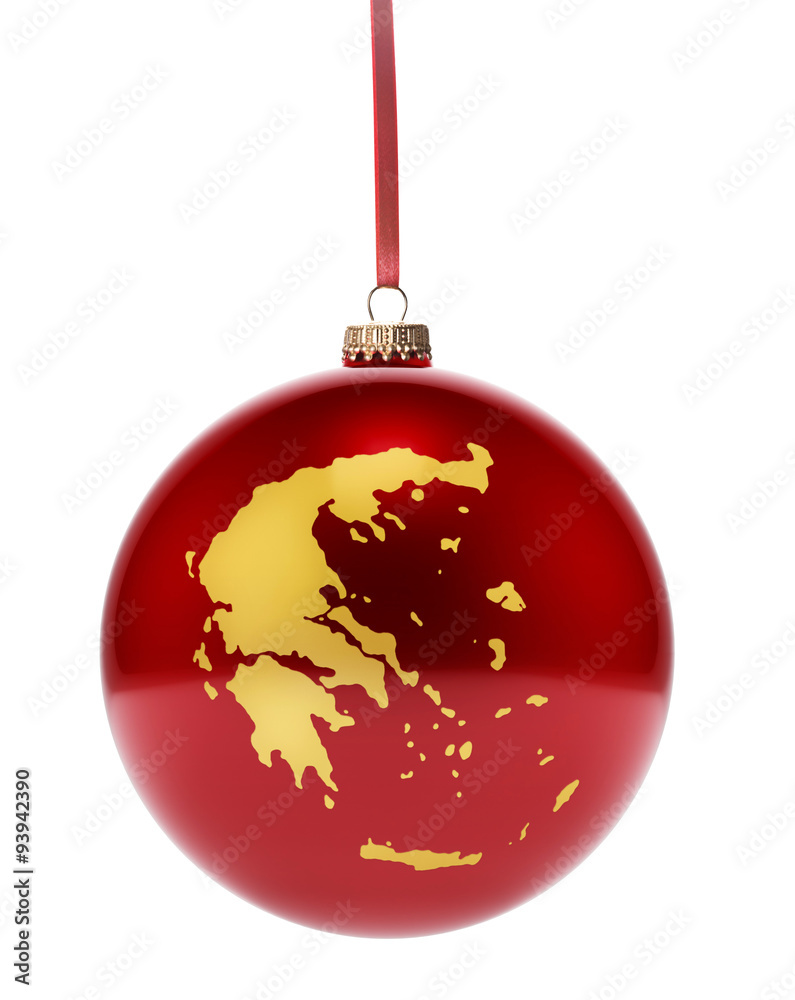 Red bauble with the golden shape of Greece.(series) Red bauble with the golden shape of Greece.(series)