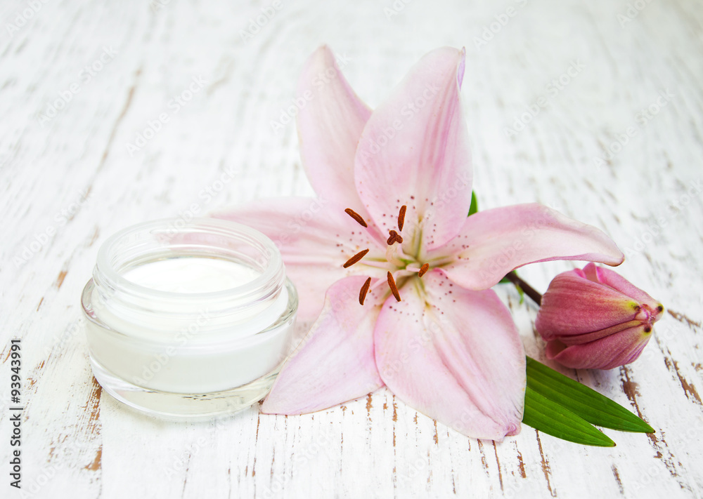 Face cream with lily flowers Face cream with lily flowers