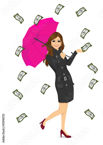 brunette woman holding big purple umbrella