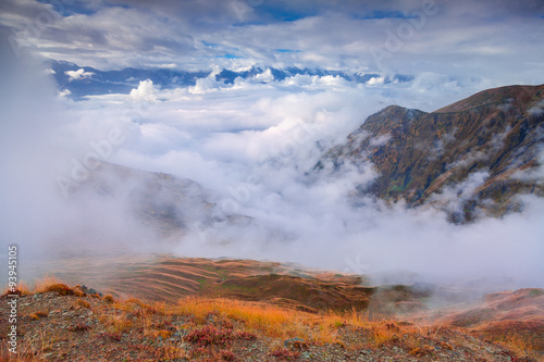 Foggy autumn morning in the Caucasus mountain.