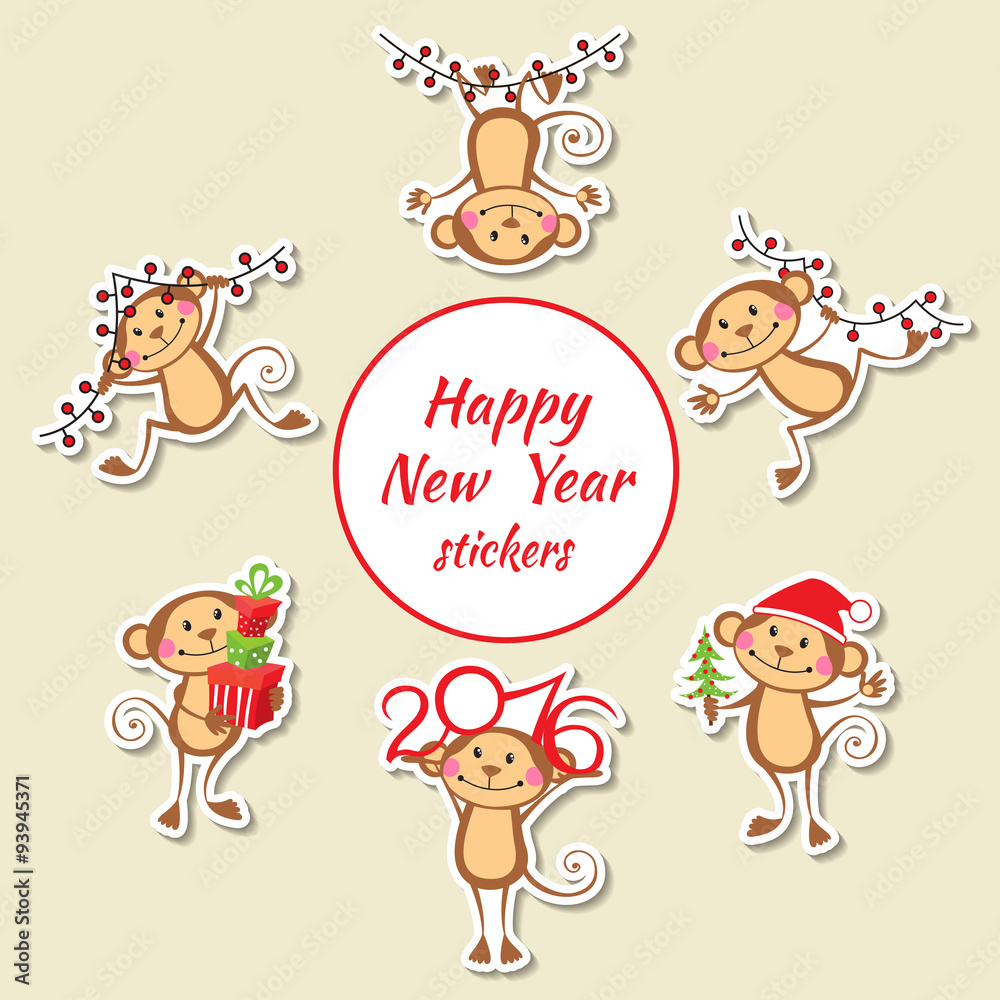 Fototapeta premium Happy monkey stickers New Year set