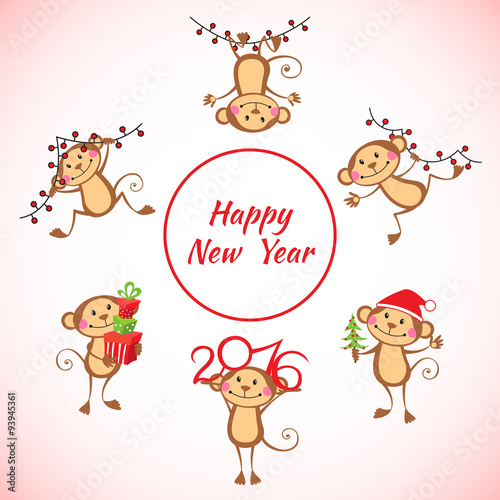 Fototapeta Naklejka Na Ścianę i Meble -  Happy monkey cartoon New Year set