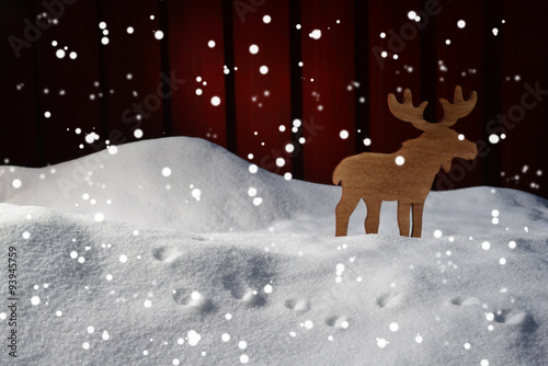 Christmas Card On Snow With Moose And Copy Space, Snowflakes