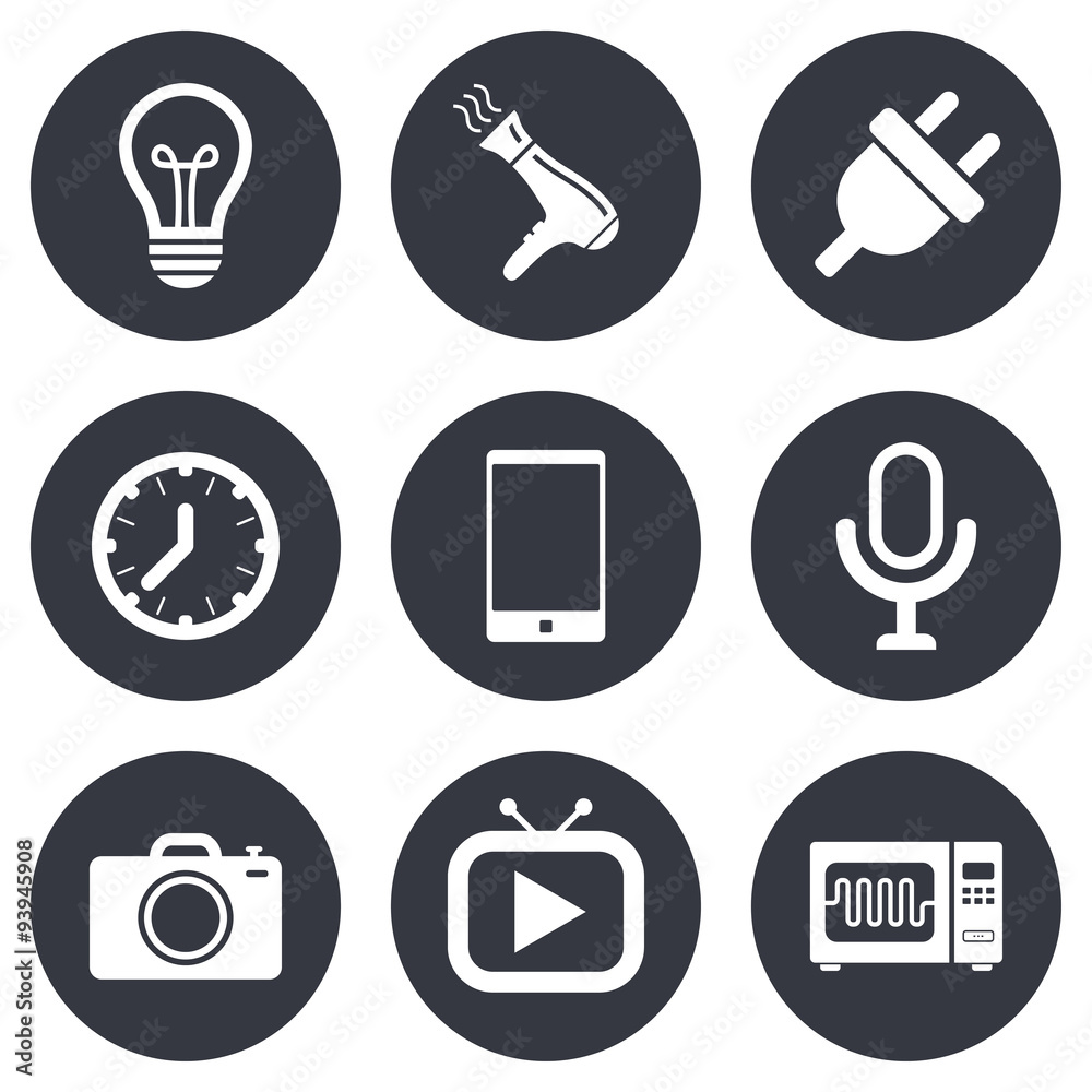 Home appliances, device icons. Electronics sign. Home appliances, device icons. Electronics sign.
