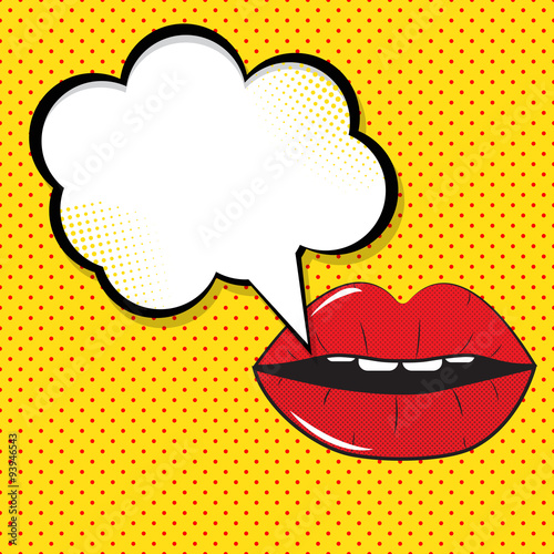 Open Red Lips with Speech Bubble Pop Art Background On Dot Backg