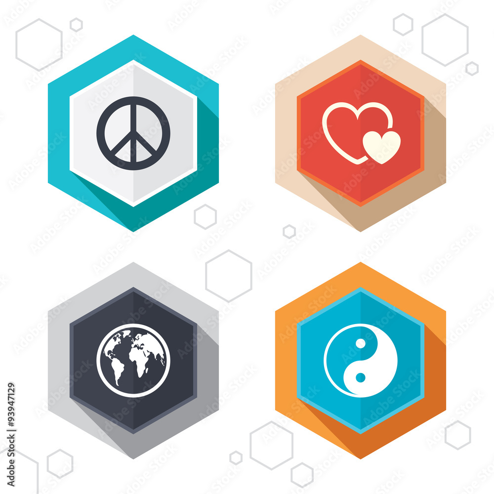 World globe icon. Ying yang sign. Hearts love. World globe icon. Ying yang sign. Hearts love.