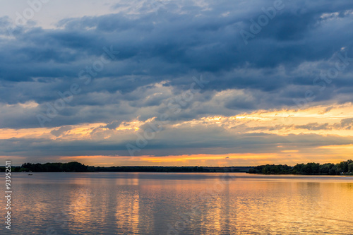 Sunset with dramatic sky over Nove Mlyny lake, Mikulov, Czech Republic