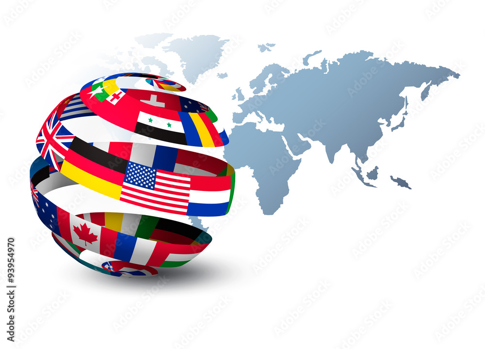 Fototapeta premium Globe made out of flags on a world map background. Vector.