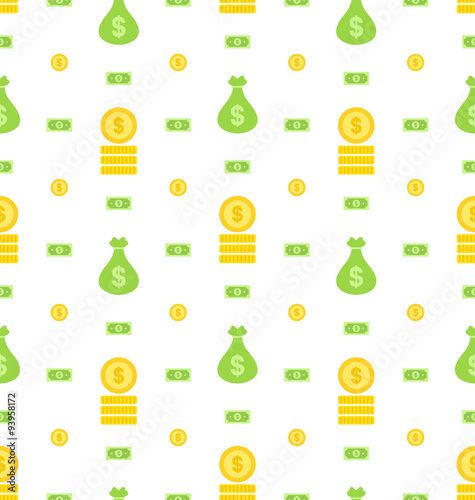 Seamless Pattern with Money Bag, Bank Notes, Coins, Flat Finance