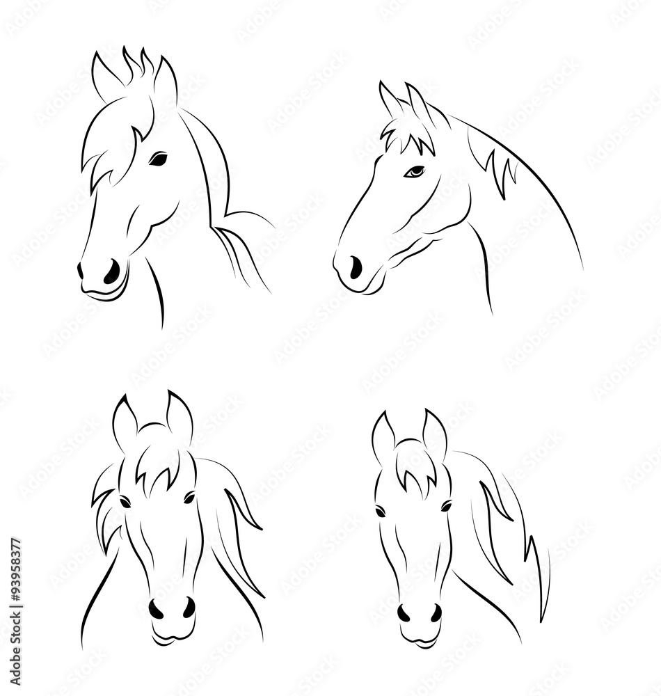 Set symbols outline head horse isolated on white background