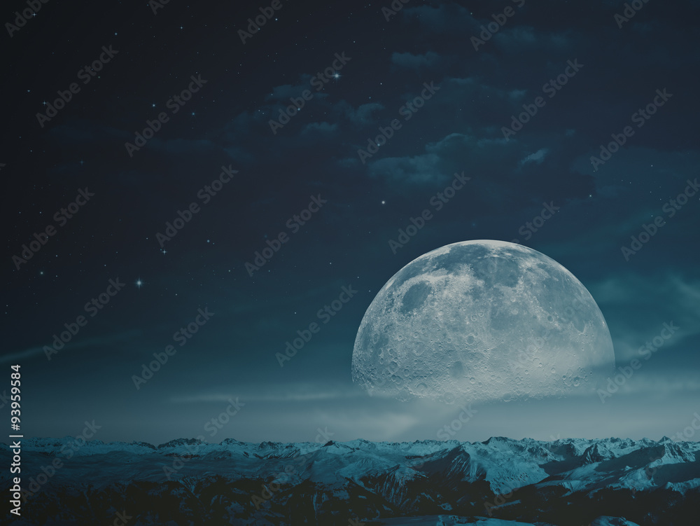 Naklejka premium Foggy night with beauty Moon over snowy mountains. NASA imagery used
