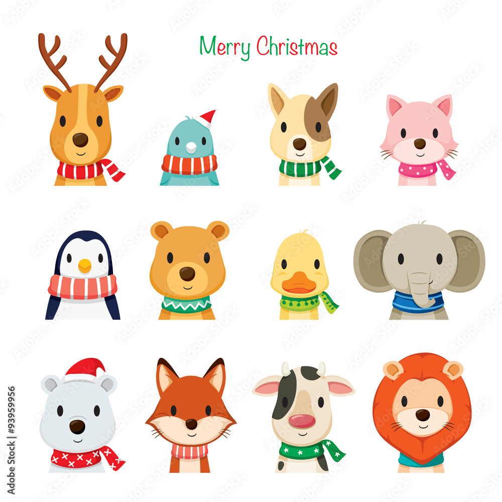 Animals Faces With Neckerchief Set, Merry Christmas, Xmas, Happy New Year, Objects, Animals, Festive, Celebrations
