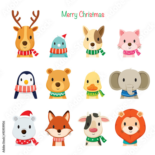 Fototapeta Naklejka Na Ścianę i Meble -  Animals Faces With Neckerchief Set, Merry Christmas, Xmas, Happy New Year, Objects, Animals, Festive, Celebrations