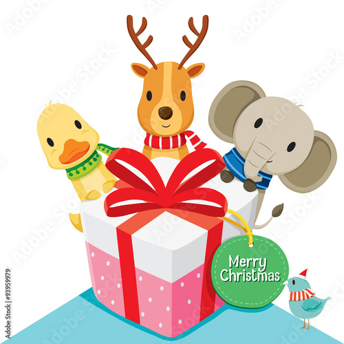 Gift box and Deer, Elephant, Duck, Bird, Merry Christmas, Xmas, Happy New Year, Objects, Animals, Festive, Celebrations