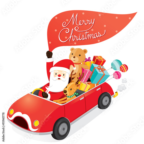 Santa Claus Driving Car With Reindeer  Merry Christmas  Xmas  Happy New Year  Objects  Animals  Festive  Celebrations