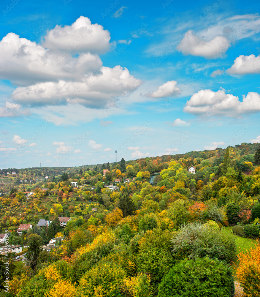 Stuttgart city, Germany. Autumn landscape. Cloudy blue sky