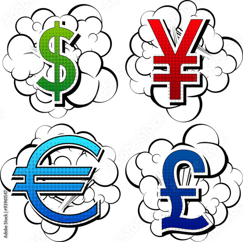 Comic book style currency signs on comic book clouds.