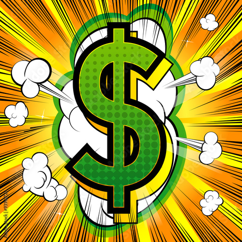 Dollar comic book style symbol on abstract background.