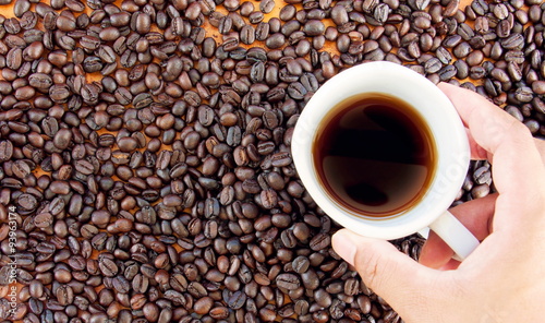 Coffee Cup  Coffee bean  Coffee grain and green leaf