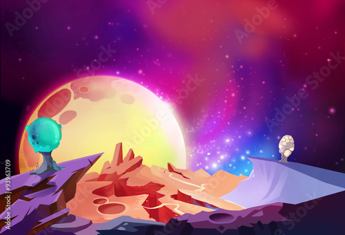 Illustration: The Magnificent Scenery, Cosmos Wonders on a Alien Planet. Story with Fantastic Cartoon Style Scene Wallpaper Background Design.