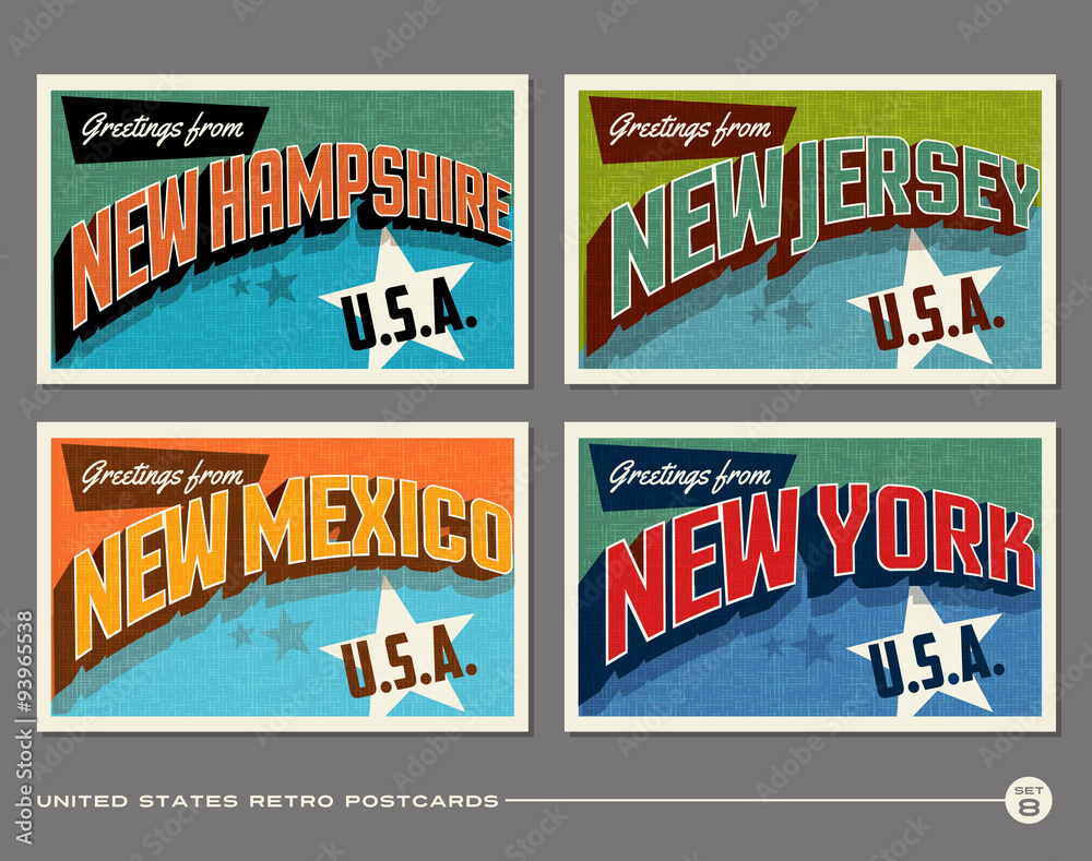 United States vintage typography postcards featuring New Hampshire, New  Jersey, New Mexico, New York Stock Vector | Adobe Stock