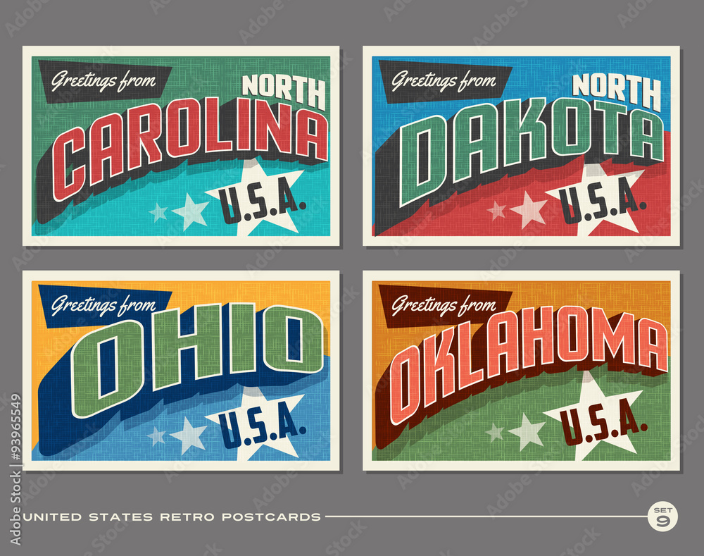Fototapeta premium United States vintage typography postcards featuring North Carolina, North Dakota, Ohio, Oklahoma