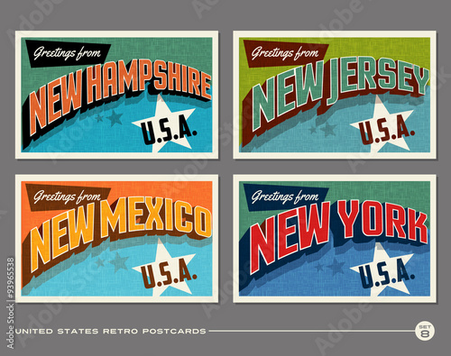 United States vintage typography postcards featuring New Hampshire, New Jersey, New Mexico, New York