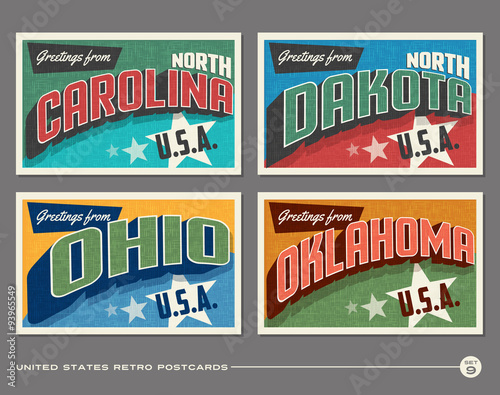United States vintage typography postcards featuring North Carolina, North Dakota, Ohio, Oklahoma