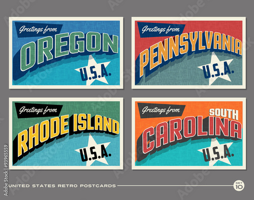 United States vintage typography postcards featuring Oregon, Pennsylvania, Rhode Island, South Carolina