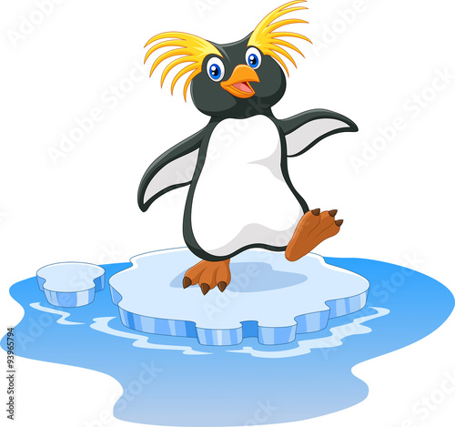 Happy cartoon penguin rockhopper on ice