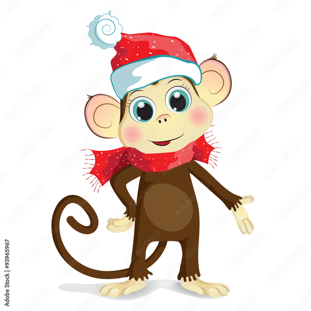Cartoon vector illustration of cute baby monkey dressed in winter clothing,  red cap and scarf. Stock Illustration | Adobe Stock