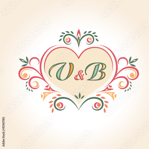 vintage wedding badge in the shape of a heart. Retro vector