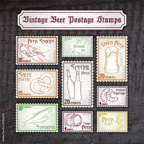 vector set of hand drawn vintage postage stamps on wooden desk