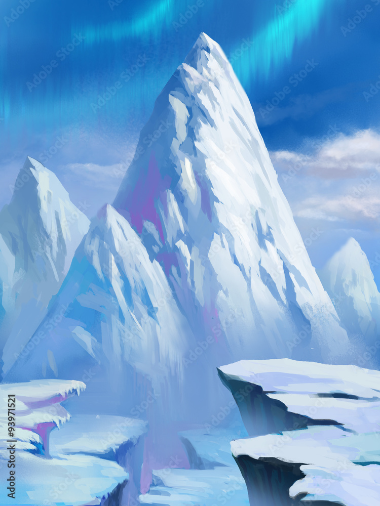 Illustration: Snow Mountain in the North Pole. With Aurora. Fantastic  Cartoon Style Scene Wallpaper Background Design. Stock Illustration | Adobe  Stock