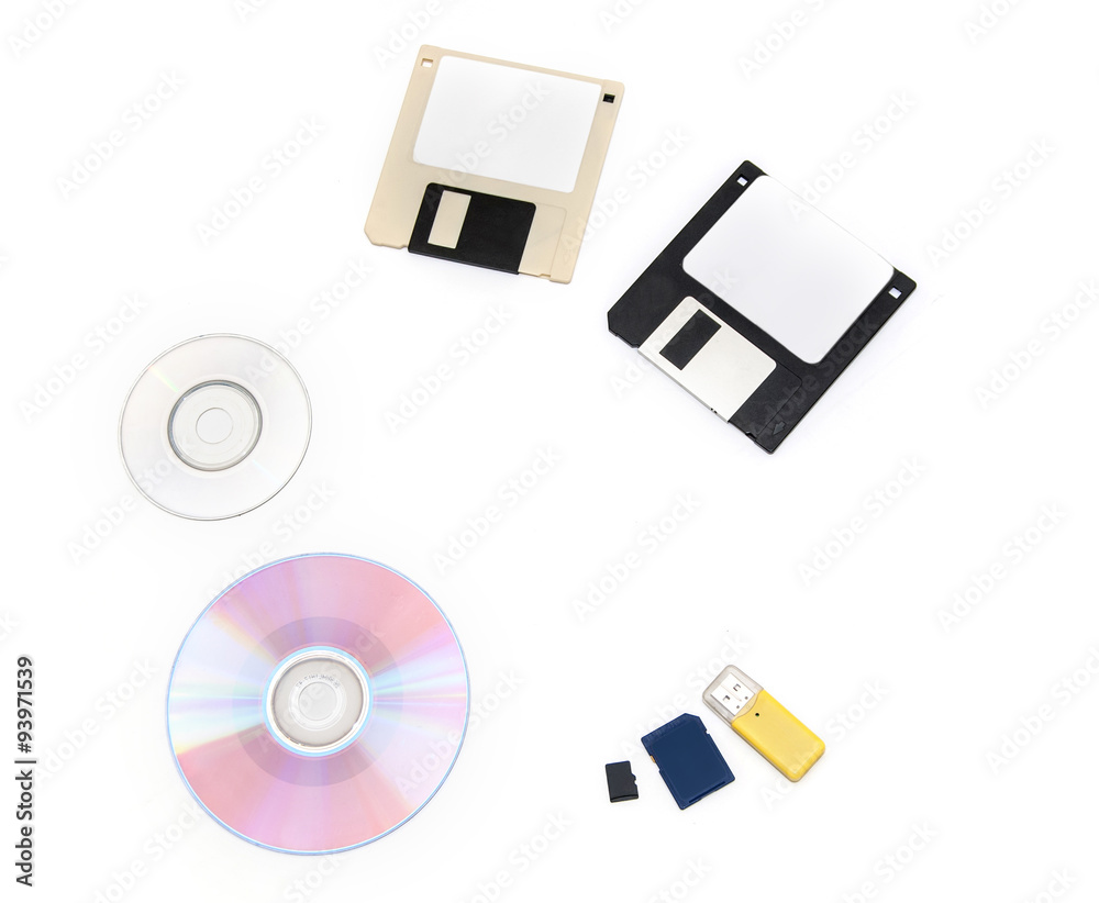 set of computer data storage media floppy disks, CD/DVD, flash drive set of computer data storage media floppy disks, CD/DVD, flash drive