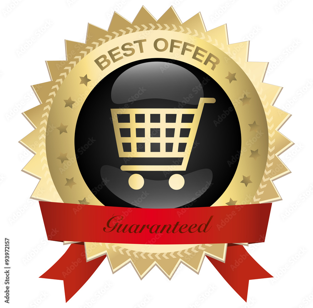 Best offer seal or icon with red banner and shopping cart symbol. Glossy golden seal or button with stars and elegant banner. Best offer seal or icon with red banner and shopping cart symbol. Glossy golden seal or button with stars and elegant banner.