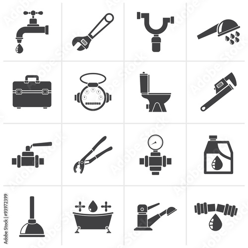 Black plumbing objects and tools icons - vector icon set