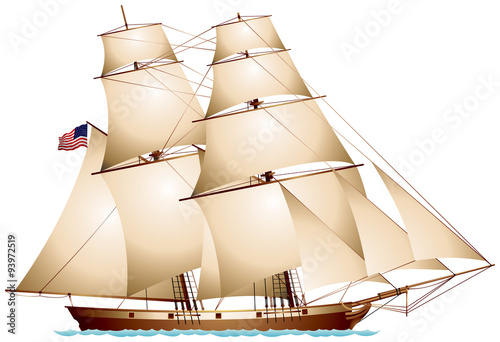 Baltimore Clipper American Flag Sailboat realistic vector illustration