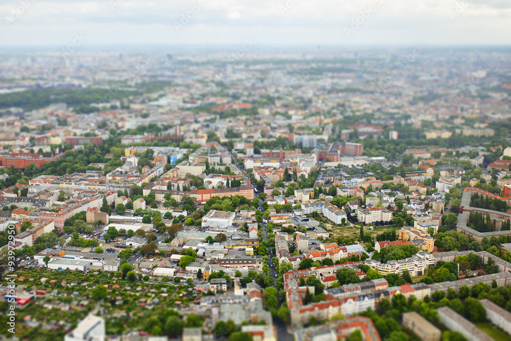 Aerial view of city Berlin, Germany with tilt shift effect. Toy Town